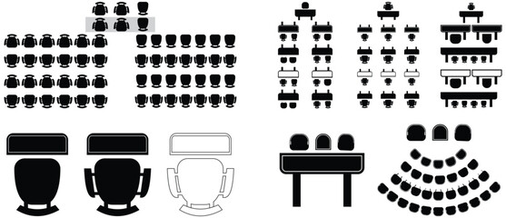 Furniture elements top view set for auditorium classroom with place spectators. Scheme chairs and tables. Collection for interior Top View. Vector Illustration
