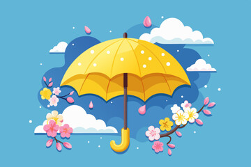 Yellow Umbrella Spring Rain Shower with Cherry Blossoms.