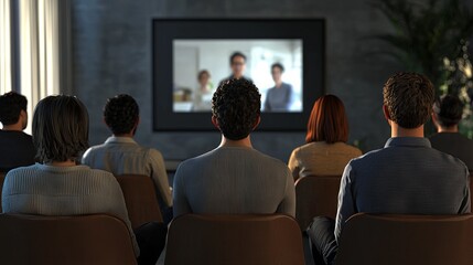 Obraz premium Group of people watching movie in dark home theater perfect for entertainment marketing, lifestyle visuals, or home cinema promotion content