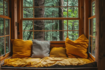 Cozy corner window seat with mustard yellow pillows and forest view