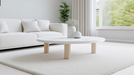 Fototapeta premium Modern minimalist living room with white furniture and natural elements