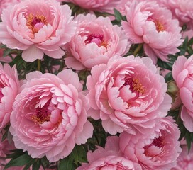 Obraz premium Tightly packed pink peony blooms, subtle pink background, pastel, delicate, floral arrangement