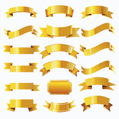 Obraz premium A variety of fifteen shiny gold banners, ribbons, and labels in different shapes and sizes on white background 