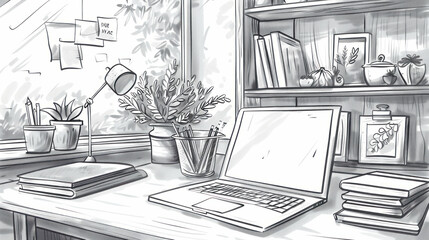 Creative home workspace setup laptop books plants and sketchy design