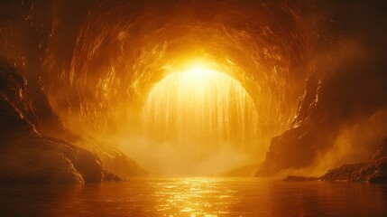 Golden cave with waterfall, sunlit river
