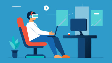 Seated VR Gaming A user seated in a specialized gaming chair using VR while calibrating the height of the headset and screens for comfort with assistive technology in the