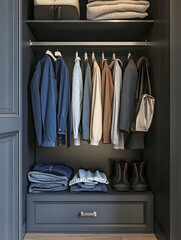 Organized wardrobe with hanging clothes and folded garments