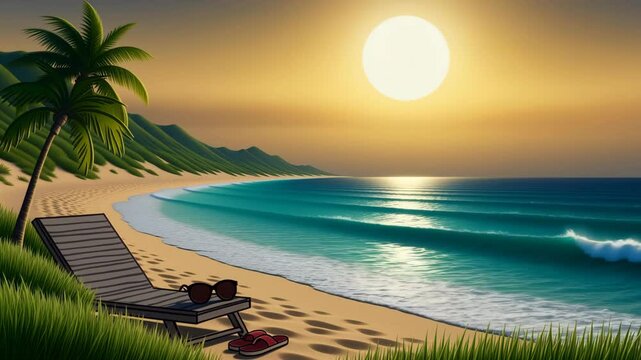 Tropical beach sunset with lounge chair and palm trees  