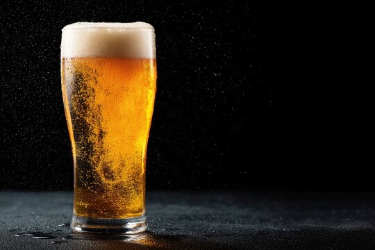 Tall glass of beer with frothy head and rising bubbles against black background, great for bar promotions, digital ads, beer tasting events and pub use