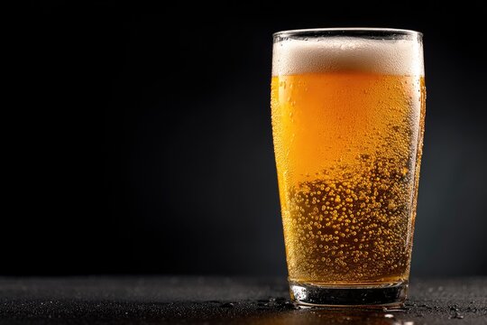 Refreshing pint of golden beer with bubbles and foam on a black table, ideal for bar posters, drink promotions, menus and beer festival ads