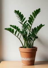Obraz premium a lush ZZ Plant (Zamioculcas zamiifolia) with its glossy, dark green leaves. for plant care guides for beginners, modern interior visuals, office plant providers, sustainable decor articles
