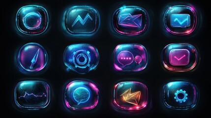 Futuristic glowing app icons in a glass bubble style