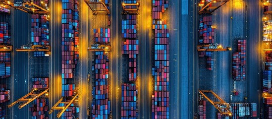 Aerial view of a busy port filled with shipping containers and cranes.
