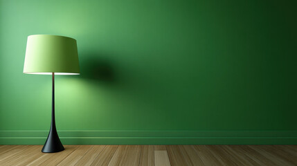 An illuminated green lamp stands gracefully against a solid green wall creating a minimalist interior design with copy space and a wooden floor background.