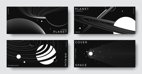 Set of abstract space astronomy horizontal backgrounds. Line art simple planet, meteorite. Black and white science future concept. Minimal design for print, cover, poster, banner, flyer, brochure, ads © Anastasiya Stoma
