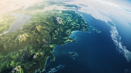 Aerial view of a coastal landscape with verdant hills and ocean    