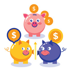 Three depictions of a piggy bank receiving a dollar coin white background.