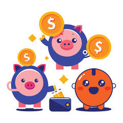 Three depictions of a piggy bank receiving a dollar coin white background.