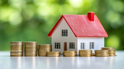 Model house and stacked coins real estate investment