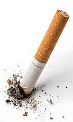 Single Cigarette Almost Finished Butt Isolated on White Background