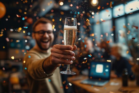 Champagne pops in tiny office as startup team celebrates product launch success