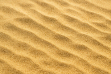 Fototapeta premium A close-up view of gently undulating sand dunes, showcasing the fine texture and natural patterns formed by wind. The warm golden tones create a tranquil and serene atmosphere.