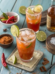 Vibrant Michelada Cocktail with Lime and Spices on Rustic Table with Red Chili and Powder
