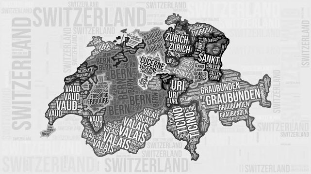 Switzerland Animation. Visual effect of Switzerland regions appearing in black and white word clouds style. Country intro video. Classy Animated Motion Graphics.