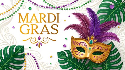 Mardi Gras Celebration Mask Feathers Beads Tropical Leaves Festive Design