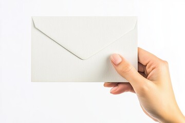 Overhead studio shot of a hand holding a blank white card on a textured surface