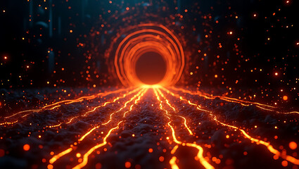 Abstract Glowing Lava Tunnel Landscape: Surreal Volcanic Eruption with Luminous Particles in Intense Orange & Red - High-Tech Fantasy Digital Art