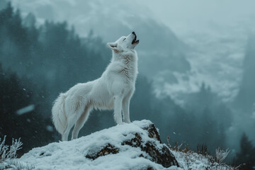 Obraz premium White wolf standing majestically on a mountain peak, surveying its surroundings with a snowy landscape stretching far and wide.