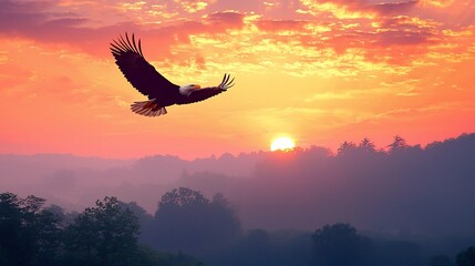 Majestic eagle soaring over a sunrise mountain landscape