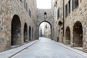 Medieval street showcases cobblestone pavement with historic architecture and arches bustling with life
