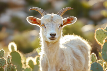 Obraz premium Goat with horns amidst cactus field.