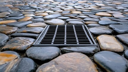 Fototapeta premium Cobblestone pavement with drainage grate