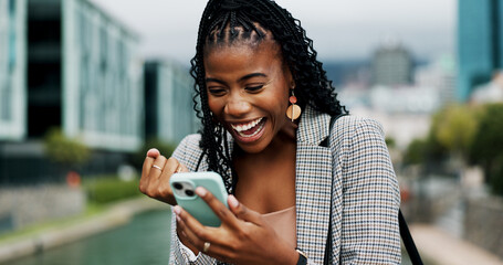 Black woman, city and happy surprise with phone for online giveaway, fist or social media promo....