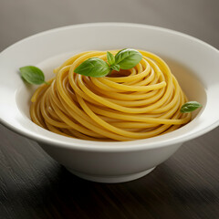 A close up shot of spaghetti in a white bowl garnished with basil leaves on a dark surface top