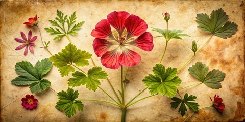 Panoramic Geranium Herbarium: Botanical Illustration, Pressed Flowers, Vintage Floral,  High-Resolution Image, Detailed Photography