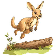 A Cartoon Kangaroo Hopping Over a Fallen Log Isolated on Transparent Background