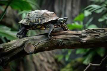 Naklejka premium Tortoise climbing over a fallen branch, its determination evident in every step