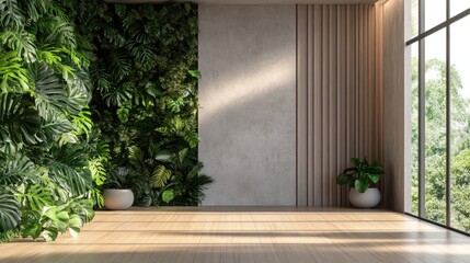 Fototapeta premium Sunlit room, living wall, plants, wooden floor, window