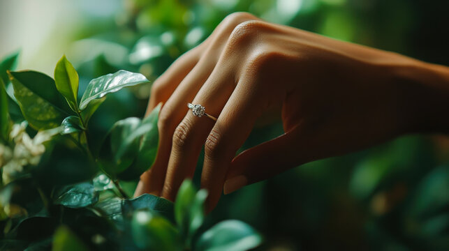 Hand gently touching a green plant with an elegant ring on a sunny day indoors