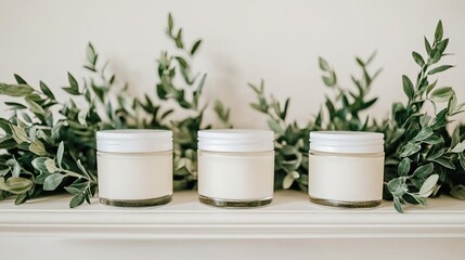 Fototapeta premium Three cream jars arranged on a shelf with greenery.