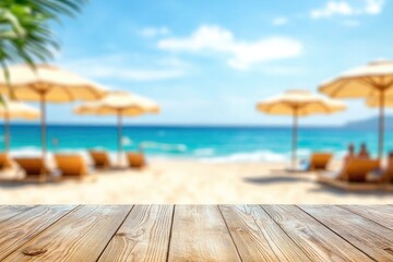 Obraz premium Empty wooden table with blurred sun umbrellas and sea background on sunny summer day