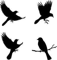Obraz premium Bird silhouettes flying and perched vector illustration in black natural style 