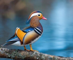 Mandarin duck, Aix galericulata. Bird near river water.