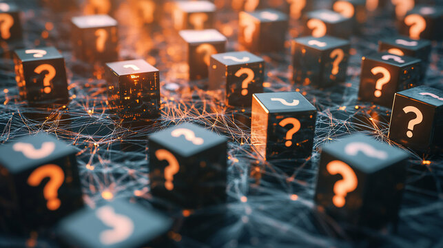 Uncertainties in a network.  Many dark cubes with question marks, connected by a network of lines.  Highlighted cube