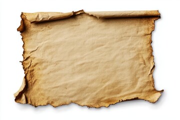 A sheet of paper with a rough, ragged tear and a visible hole, cut out and displayed on an isolated white background