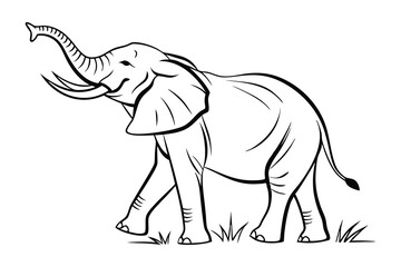 Majestic Walking Elephant Line Art,  elephant Black and White Vector Drawing, Wild elephant Illustration coloring page.
